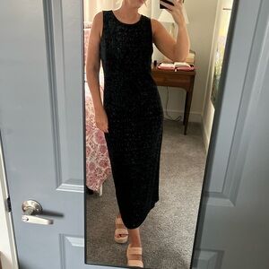 Vintage 90s stretchy black maxi dress w subtle shimmer bronze metallic floral.